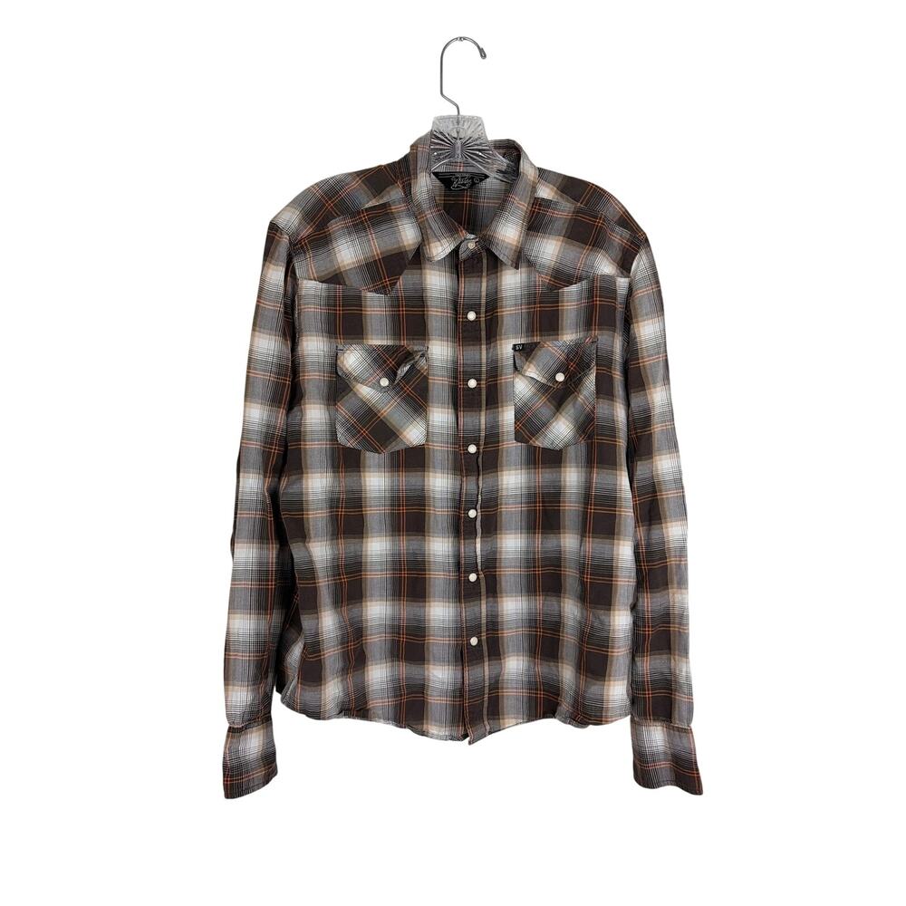 Salt Valley Western Shirt Mens Large Pearl Snap Front Brown Plaid Cotton
